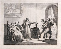 Beatrice Cenci and her stepmother Lucrezia incite Olimpio Calvetti and Marzio da Fiorani to kill Count Francesco Cenci, who is sleeping in the next room. Etching, ca. 1850.