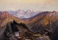 Lower Yellowstone mountain range, Wyoming. Colour lithograph by L. Prang after T. Moran, 1874.