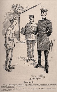 An army medical officer trying to find out from an ignorant soldier if he knows where his arteries are. Wood engraving by L. Raven-Hill, 1907.