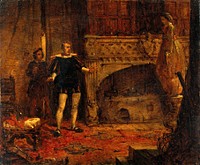 Scene from Sir Walter Scott's "Anne of Geierstein": Hermione takes refuge in the chemical laboratory of Sir Herman, an Austrian alchemist. Oil painting.