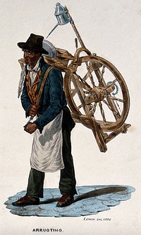 A man is carrying a knife grinder's wheel on his back. Coloured lithograph by G. Lenghi.