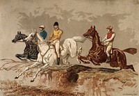 Three jockeys and their horses jumping over a hurdle. Chromolithograph after J. F. Herring sen.