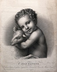 Saint John the Baptist as a child, holding a lamb. Stipple print by A.J. Mécou after G. Reverdin after Leonardo da Vinci, 18--.