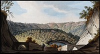 The crater of Astruni: vegetation, the gamekeeper's lodge and a volcanic pool. Coloured etching by Pietro Fabris, 1776.