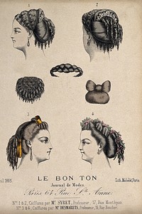 The heads of four women with ringletted hair dressed with ribbons, jewellery and flowers; three details of hair-pieces. Coloured lithograph by Michelet, 1865.