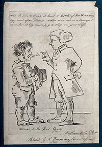 A doctor advising a poor and wretched looking man, his recommendations revealing his ignorance of the social circumstances of the patient. Etching after R. Browning, 1830.