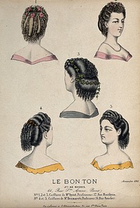 The heads and shoulders of five women with plaited and ringletted hair dressed with flowers and leaves. Coloured lithograph, 1865.