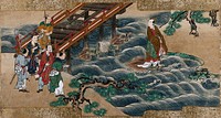 A Chinese holy man is carried by a turtle across the river, while passers-by look on, astonished. Gouache painting by a Chinese artist, ca. 1850.