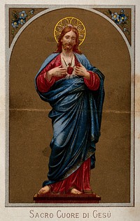 Christ showing his Sacred Heart, statue of the Sacred Heart at Fusignano. Colour lithograph.