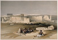 Men resting to smoke by the ruins of Baalbeck, Lebanon. Coloured lithograph by L. Haghe after D. Roberts, 1839.