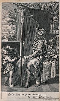 King David is playing the harp as a boy holds open a book of music for him to follow and a woman sits at a writing desk in the background. Engraving by A. van Buysen, ca. 1728.