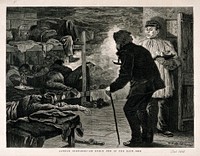 An opium den in London's East End with men lying on wooden bunks as a smoker enters. Wood-engraving, c. 1880, after J. C. Dollman.