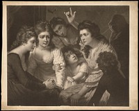 A lady telling a gripping story to young women and children. Mezzotint by V. Green, 1785, after J. Opie.