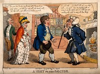 A couple of country folk consulting a decrepit doctor; a servant smiles menacingly in the doorway. Coloured etching by T. Rowlandson, 1809, after G.M. Woodward.