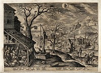 The month January and the sign of Aquarius, represented by a winter landscape, the dream of Saint Joseph, and the Flight into Egypt. Engraving by A. Collaert after H. Bol, 1585.