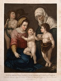 Saint Mary (the Blessed Virgin) with the Christ Child, Saint John the Baptist, Saint Elizabeth or Saint Anne and an angel. Colour stipple engraving by L.F. Mariage after A. del Sarto.