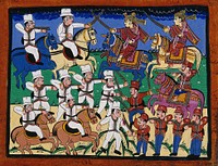 A battle between British and Indians. Gouache drawing.