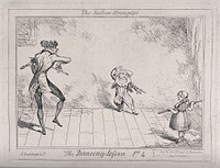 A dancing lesson: a boy in a sailor suit dances the hornpipe as the teacher plays the violin; the girl is standing with a stretcher across her back. Etching by George Cruikshank.