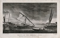 Catamarans and a canoe in Tonga, Polynesia, encountered by Captain Cook on his second voyage, 1772-1775. Engraving by W. Watts, 1777, after W. Hodges.