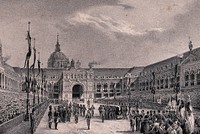 Reception of the remains of Napoleon Bonaparte outside the Eglise des Invalides in Paris. Lithograph by J. Arnout.