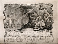 The British Lying-in Hospital, Holborn: the facade and an allegorical scene of charity. Engraving by J.S. Miller after himself.