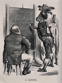 A fat complacent Briton sits on a stool while a Zulu man writes "Despise not your enemy" on a blackboard. Wood engraving by Swain after J. Tenniel, 1879.