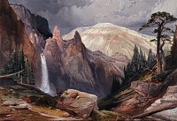 Tower Falls and and sulphur mountain, Yellowstone National Park. Colour lithograph by L. Prang after T. Moran, 1874.