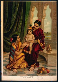 Krishna as an infant sitting on Yasoda's lap with a female attendant. Chromolithograph by R. Varma, 1895.