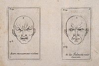 Two outlines of faces, one showing violent movement (left), the other expressing jealousy (right). Etching by B. Picart, 1713, after C. Le Brun.