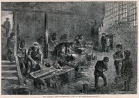 Men and boys working in a fork-grinding factory in Sheffield. Wood engraving by M. Jackson after J. Palmer, 1866.