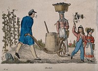 The vintage: a man wheeling a barrel past a woman and children carrying grapes. Coloured engraving.