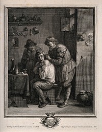 A surgeon lancing a grimacing man's shoulder. Engraving by J. Coelemans, 1703, after D. Teniers, the younger, 1678.