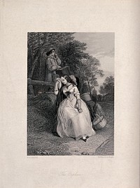 A young woman rests by the side of the road, her companion carries a case. Engraving by F. A. Heath, 1852, after E.H. Corbould.