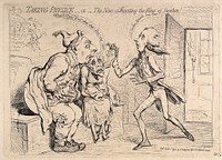 King George III and Queen Charlotte, seated at a latrine, receive with agitation news from William Pitt the younger, who tells them that the King of Sweden had been assassinated. Etching by J. Gillray, 1792.