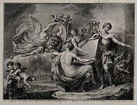 Allegorical figures, including Apollo: one supports a portrait roundel of Karl Theodor, Elector Palatine, with attributes of the fine arts and of war; a view of a city beyond. Engraving by B. Hübner, 1776, after N. Guibal.