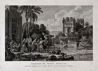 Egyptian fortune-tellers outside a palace on the Nile. Etching by V. Pillement, J.L.C. Pauquet and F. Dequevauviller after L.F. Cassas, 1798.