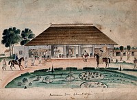 Indian tea plantation, an European lady and gentleman on horseback approach the main house, where a number of people await their arrival. Watercolour by an Indian artist.