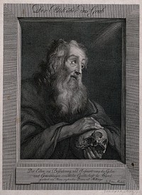 A man holding a skull. Engraving by Johann Jakob von Mechel.