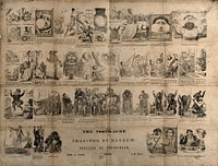 Forty five different scenes telling the tale of a man with toothache, his various attempts at trying to cure himself and the final recourse to the dentist. Wood engraving by G. Cruikshank after H. Mayhew.