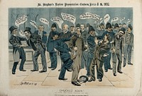 Three politicians accused of treason being evicted by the police. Colour lithograph by T. Merry after himself, 8 March 1890.