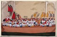 A bridegroom  sitting on a horse in the middle of a procession with people carrying pennants and musical instruments. Gouache painting on mica by an Indian artist.