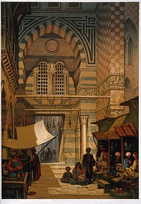 Shops of hashish merchants on a street in Cairo. Chromolithograph by A. Preziosi, c. 1850, after himself.