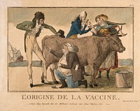 A milk maid shows her cowpoxed hand to a physician, while a farmer or surgeon offers to a dandy inoculation with cowpox that he has taken from a cow. Coloured etching, ca. 1800.