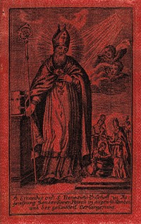 Saint Eberhard of Regensburg. Engraving on red silk.