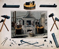 Three men work near an open fire on anvils with hammers making nails and pins of various sizes, some tools of their trade hang on the walls. Coloured etching.