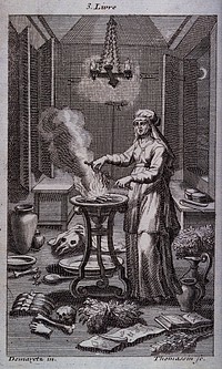 A witch casting spells over a steaming cauldron. Engraving by H.S. Thomassin after Demaretz.
