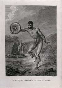 A man from the Hawaiian Islands dancing; encountered by Captain Cook during his third voyage (1777-1780). Engraving by C. Grignion after J. Webber, 1780/1785.