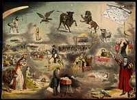 Astronomy: various apocalyptic scenes, including Napoleon III, a weeping man beside a child's [] coffin, an assassination [], and a battle in America. Coloured lithograph, [c.1869].