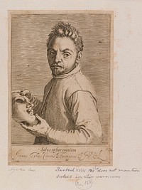 Giovanni Gabrielli ("Sivello") holding a mask. Etching by Agostino Carracci, ca. 1599.