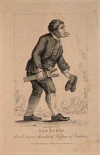 Old Boots, an eccentric shoe shiner. Engraving by R. Cooper, 1821.